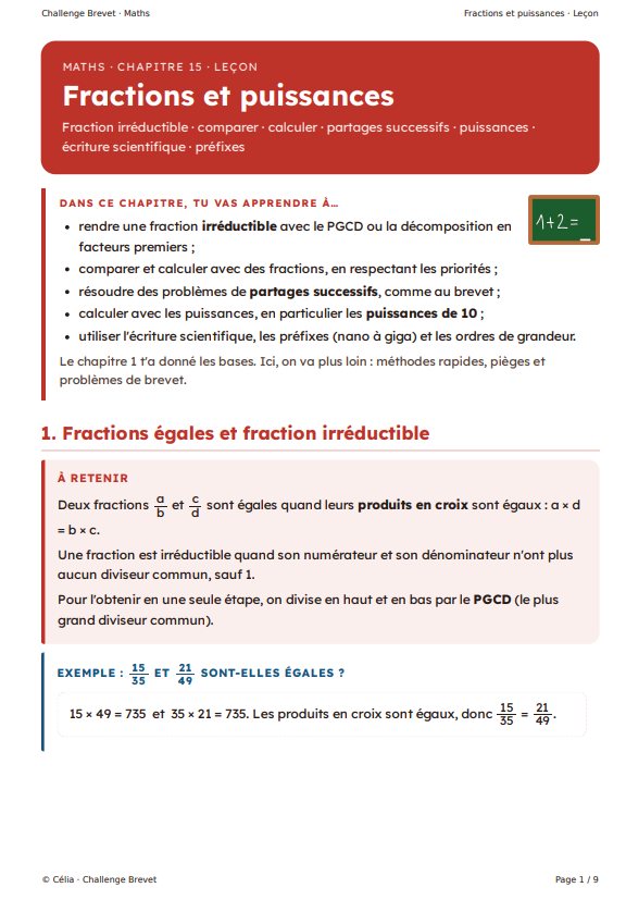 Leçon sur les fractions et puissances pour le brevet